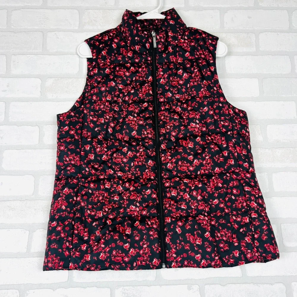 Michael Kors Women Ruby Gemstone Print Puffer Vest Black Red Zip Up Large